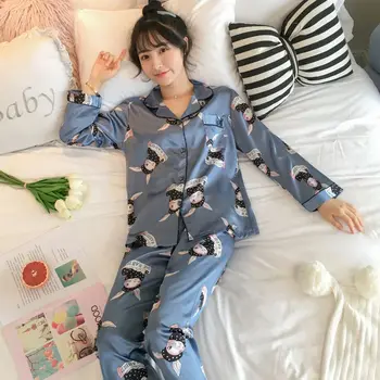 Seturi de pijama cu Maneca Lunga pentru Femei Guler de Turn-down Raionul Alunecare Homewear Elegant de Cauzalitate Stil coreean 2pcs Femei Pijamale Simplu Chic