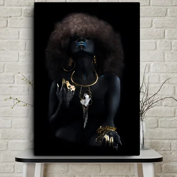 Rezumat Aur Fata Sexy Negru African Femeie Pictura in Ulei pe Panza, Postere si Printuri Cuadros de Arta de Perete Imaginile Pentru Camera de zi