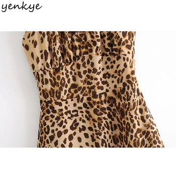 YENKYE Vintage Print Leopard Sling Rochie Femei în V Gâtului fără Mâneci a-line Rochie Mini de sex Feminin de Vară Șifon Haină Sexy