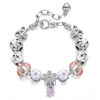 Pink Peach Blossom De Șirag De Mărgele De Cristal Aliaj De Argint Placat Cu Gaura Mare Șirag De Mărgele Pandora-Stil Brățară