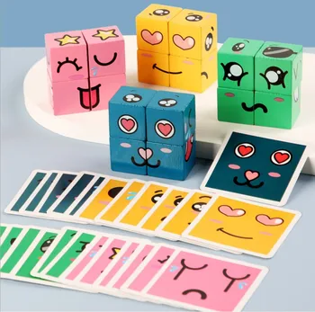 Copii de Constructii-Joc de Blocuri de Lemn Expresia Puzzle-ului s-a Schimbat Fata Blocului Cub de Provocare Intelectuală Părinte-copil Joc de Masă Cadou