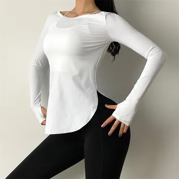 Femeile Side Split Sport Maneca Lunga Tricouri Buna Nailon Yoga T-shirt cu Uscare Rapida Vrac Sală de Fitness Topuri de Formare Sport