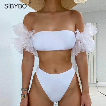 Sibybo Dublu Volane Sexy Set De Bikini Femei De Vara Fara Bretele Talie Mare De Costume De Baie 2020 Sex Feminin, Două Piese De Petrecere Pe Plaja Costume De Baie