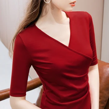 SISHION Plus Dimensiune Jumătate Maneca Femei T Shirt VD1586 Negru Roșu de Cafea Elegant V Gât Topuri Femeile tricou femme