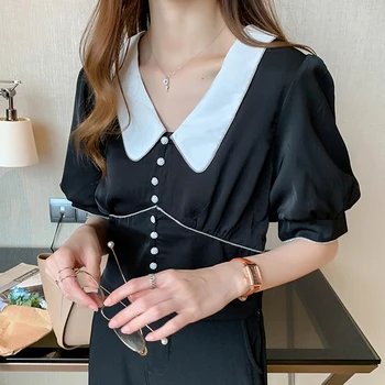 Noi Ștrasuri Din Mărgele Scurt Bluza Șifon Tricou Femei 2020 Topuri De Vara Office Lady Felinar Maneca Pulover Femei Haine Chemisier Femme