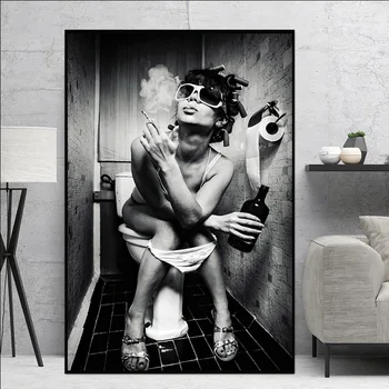 Femei Sexy Fumat În Toaleta Tablouri Canvas Alb și Negru Wall Art Printuri Moderne Imagine Toaletă Bar Decor Acasă