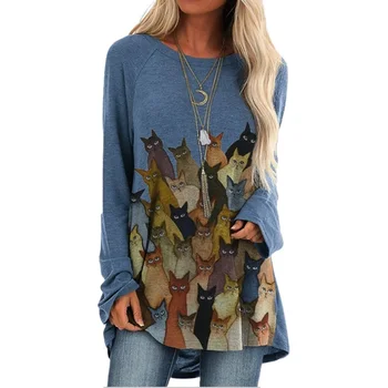 Plus Dimensiune Toamna Iarna Femei T-Shirt Casual Drăguț Pisica Print Long Sleeve Tee Pulover Topuri 2020 Doamnelor Streetwear Femei Haine