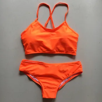 Sexy Ștreangul de Gât Înalt Set de Bikini Femei Neon Orange Sport Crop Top Căptușit Costume de baie Femei Push Up Costume de baie biquinis feminino