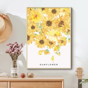 Floarea-soarelui Pictate manual Nordic Arta de Perete Postere si Printuri de Flori Panza Pictura Poze de Perete pentru Camera de zi de Decorare Acasă