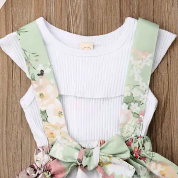 2019 Brand Nou Copilul mic Copil Fata de Printesa Haine fără Mâneci Alb Rib T-shirt Florale Arc Suspensor Fusta 2 BUC Haine de Vară Set