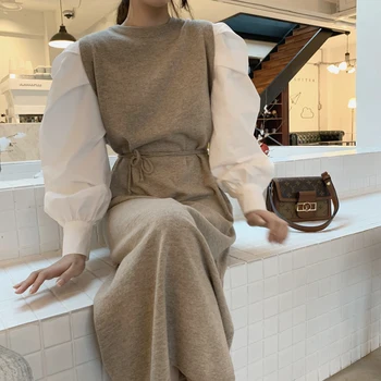 2020 Coreea de Toamna Femei Dulce Puff Maneca Mozaic Elegant casual Pulover Tricotat Rochie Lunga