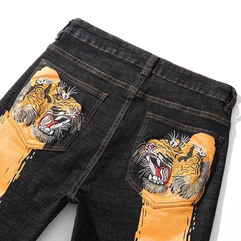 Japonia Bărbați Stil Broderie Tigru Jean Slim Jeans De Imprimare De Înaltă Stradă Rece Pantaloni Din Denim Paris Arată Streetwear De Sex Masculin Casual Uimitor