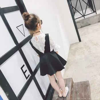 Fată de moda Haine Set Maneca Lunga Moda Bluza Tricou Alb și Negru Generală Fusta Copii 2 Buc Seturi de Îmbrăcăminte Elegant