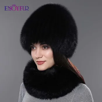 Femei caciula de blana eșarfă set pentru iarna naturala de vulpe blană eșarfă și pălărie de culoare solidă noua moda de stradă trage pălărie și eșarfă