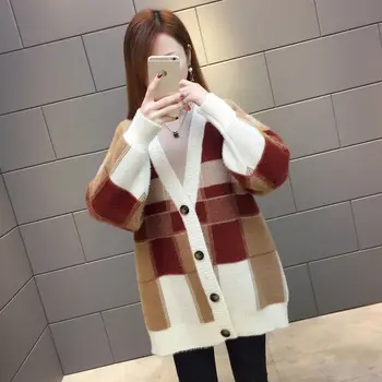 Primăvara și Toamna Noi Tricotate Cardigan pentru Femei-Stil coreean Liber haină de Lână Sacou Mid-Lungime Vânt Leneș Sus