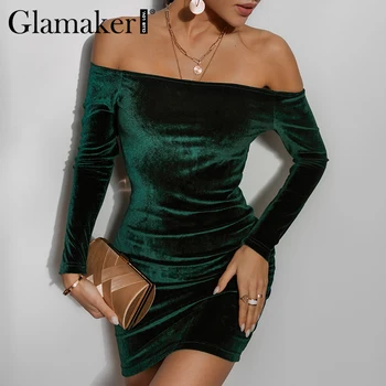Glamaker Pe sholder sexy elegant petrecerea de Crăciun de catifea rochie mini Bodycon iarna toamna slim doamnelor moda rochie 2020 nou