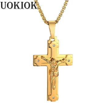Gheata de Aur Mare Cruce Isus Penddant Colier Pentru Bărbați/Femei și Oțel Inoxidabil Lungime Lant Bijuterii Hip Hop