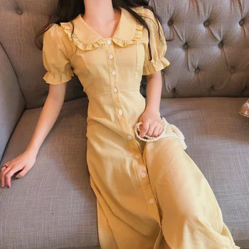 Rochie lunga de Vara 2020 vintage doll collar manșon de puf galben ocazional o-linie elegant franceză rochie femei halat de femme