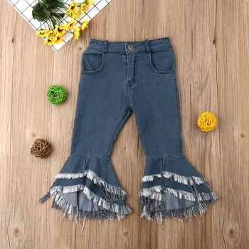 Moda Infant Toddler Fete pentru Copii Pantaloni din Denim 2-7Y Ciucure Butonul de Talie Mare Albastru, Flare Pantaloni Pantaloni Lungi