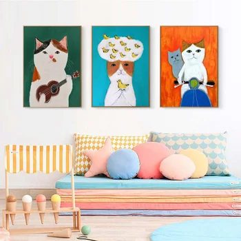 Desene animate amuzante-Pisica Juca Chitara Postere si Printuri Panza Pictura pe Perete Fotografia pentru Camera de zi Dormitor Copii Home Decor Pepinieră
