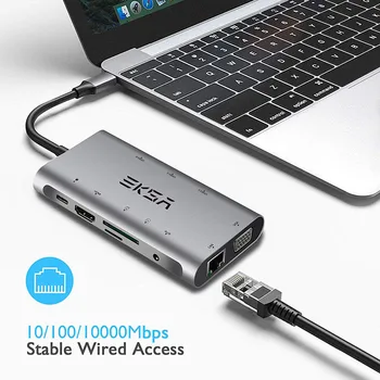EKSA HUB USB C 10 in 1 Thunderbolt 3 Tip C Adaptor USB 3.0 Port 4K Compatibil HDMI VGA, RJ45 Gigabit Ethernet Pentru Macbook Pro