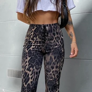 MoneRffi Leopard Pantaloni Femei Lady Streetwear Bandaj Elastic Talie Mare Pantaloni Flare Feminin Pantaloni Femei Sălbatice Pantalons