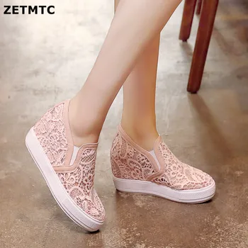 ZETMTC 2019 Noua Moda Pantofi Casual Femei Pene de Vara din Dantela de ventilație Traforaj Pantofi Creștere Tocuri Platforma Aluneca Pe Shoes38