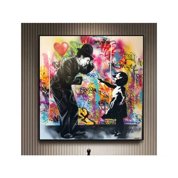 Amuzant Graffiti Stradă Panza Pictura Chaplin și Copilului Arta de Perete Poster și Imprimă Imaginile pentru Home Living Decorul Camerei