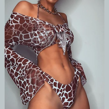 Într-X Tie-dye print 3 bucată de costume de baie Sexy femeie mesh bikini 2021 maneca Lunga, costume de baie femei Nod biquini Plaja poarte costum de baie