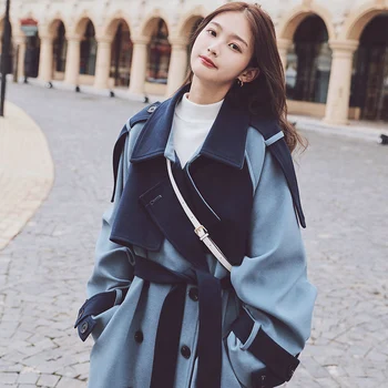 Femei Haină de Lână Noi Gros de Iarna Cald Albastru Mozaic Dublu Rânduri Libere coreean Lână Outwear Jacket casaco feminino