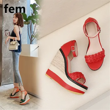 FEM Plat Sandale cu Platforma Pentru Femei de Vara Espadrile Tricot Sandale Femei Tocuri Înalte de Moda Tocuri Pană Pantofi Doamnelor Curea Glezna