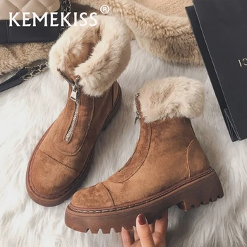 KemeKiss Femei Cizme De Zăpadă Din Piele Adevărată Blană Cald Toc Înalt Pantofi De Iarna Femeie De Pluș Platforma De Moda Cizme Scurte Dimensiune 34-40