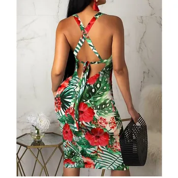 2019 Femei De Moda Doamnelor Fără Mâneci Vară Boho Florale Plaja Casual Slim Fit Sundress Strâns Sexy Sling Hawaiian Rochie