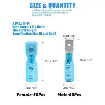 25Pcs/Set Rapid Spade Căldură Psihiatru Conectori Albastru Izolate Electric de Sertizare Terminale de Kit de sex Feminin/Masculin