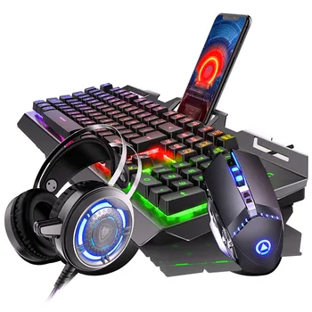 Jocuri Mecanice Simt Tastatura Și Mouse-ul Cască Cască Costum din Trei piese, Desktop PC, joc 2400 DPI M acro Mouse-ul USB cu Fir