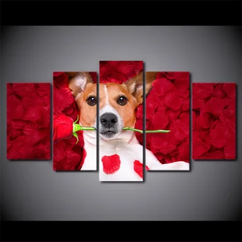 HD Tipărite 5 Bucată de Pânză de Arta Câine care Deține Trandafiri Tablouri Poze de Perete Modular Muzica Poster Decor Acasă Transport Gratuit NY-7273C