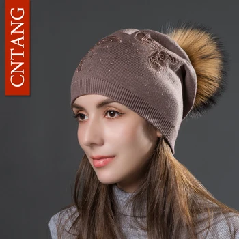 CNTANG Moda Stras Fluture Tricotate din Lână Capace de Toamna Iarna Cald Pălării Pentru Femei Naturale Blană de Raton Pompon Căciuli Pălărie