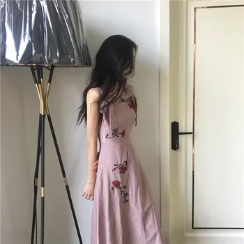 Stil Preppy Epocă coreean 2020 moda temperament feminin broderie pink plaid print curea rochie de vara pentru femeie rochii lungi