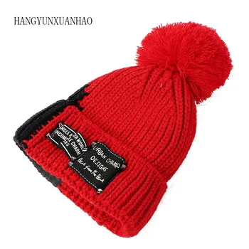 Pălărie de iarnă Pompom Beanie Hat Pălării de Iarnă Pentru Femei caciula de Iarna Căciuli Invierno Mujer Negru Pompom Beanie de Lână Croșetat Pălărie, capac