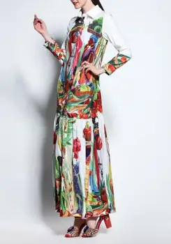 De înaltă Calitate, cele mai Noi Moda Pistei Rândul său, în Jos Guler Maxi Rochie Femei, cu Maneci Lungi Arta Retro Tipărite Designer Rochie Lunga