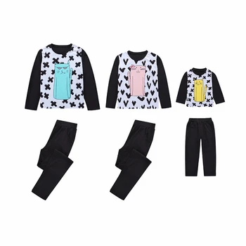 Toamna Familie Pijama Set pentru Mama, Tata, Fiul, Fiica Gât Rotund Maneca Lunga Model de Pisica din Bumbac T-shirt, Pantaloni Negri de Costum