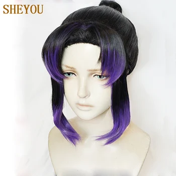 Anime Demon Slayer: Kimetsu nu Yaiba Kochou Shinobu Scurt Negru Violet Rezistente la Căldură de Păr Cosplay Costum Peruci + Capac de Peruca