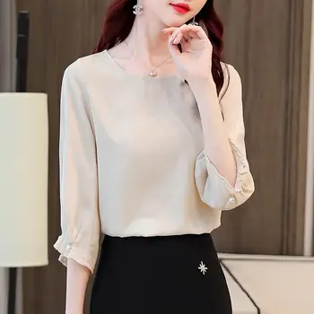 Femei Primavara-Vara Stil Șifon Bluze Tricou de Culoare Solidă femeii O-Neck Maneca Trei Sferturi coreean Topuri Largi DD9069