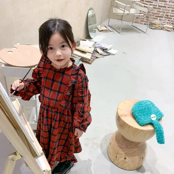 Toamna New Sosire stil coreean bumbac vânzare fierbinte carouri maneca lunga casual printesa rochie lunga de drăguț copil dulce fetele