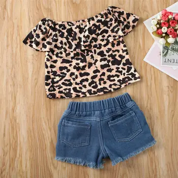 De vară pentru Copii Baby Girl Zburli Off-Umăr Leopard de Imprimare Topuri pantaloni Scurti din Denim 2 buc Haine Set 1-6 ani copii haine la modă