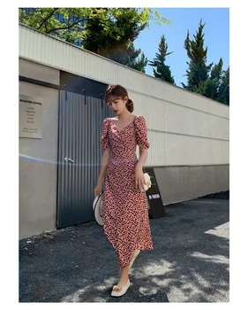 Cotday O-linie V Gâtului Maneca Scurta imprimeu Floral Rosu Talie Elastic Dulce pentru Femei Vintage 2020 Coreea Stil Nou Rochie de Vara