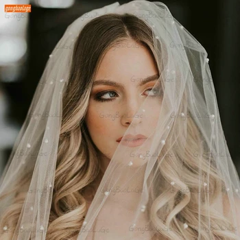 Populare Femei de Două Strat Alb Voaluri de Nunta Cu Faguri 2020 Perle de Fildeș Voal de Mireasa Tul Mireasa yashmac Pentru Accesorii