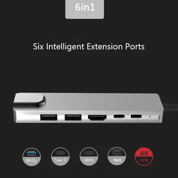 6 în 1 Aliaj de Aluminiu Porturi USB 3.0 Type-C Hub Usb-C la 4K HD Laptop Rj45 Gigabit Ethernet Rețea PD Hub