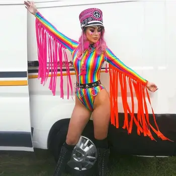 Dungi Curcubeu Colorate Costume Femei O Gatului Maneca Lunga, Salopete Cu Portocaliu Ciucuri Lungi Rave Festivalul De Îmbrăcăminte Clubwear