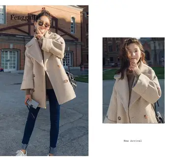 Fengguilai Iarna coreean Palton de Femei de Moda de Epocă de Lână Vrac Straturi Dublu Breasted Guler de Turn-down Lână Sacou Feminin